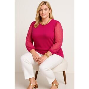 Indigo Rose Hot Pink Sweater 2X Sheer Chiffon Sleeves Glitter Detail Pullover